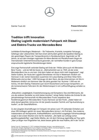 Tradition trifft Innovation Ebeling Logistik modernisiert Fuhrpark mit Diesel- und Elektro-Trucks von Mercedes-Benz