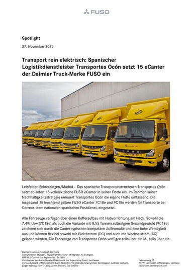 Transport rein elektrisch: Spanischer Logistikdienstleister Transportes Ocón setzt 15 eCanter der Daimler Truck Marke FUSO ein