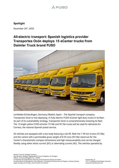 All-electric transport: Spanish logistics provider Transportes Ocón deploys 15 eCanter trucks from Daimler Truck brand FUSO