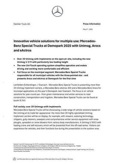 Innovative vehicle solutions for multiple use: Mercedes-Benz Special Trucks at Demopark 2025 with Unimog, Arocs and eActros