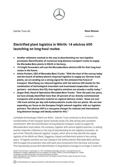 Electrified plant logistics in Wörth: 14 eActros 600 launching on long-haul routes