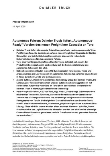 Autonomes Fahren: Daimler Truck liefert „Autonomous-Ready“-Version des neuen Freightliner Cascadia an Torc