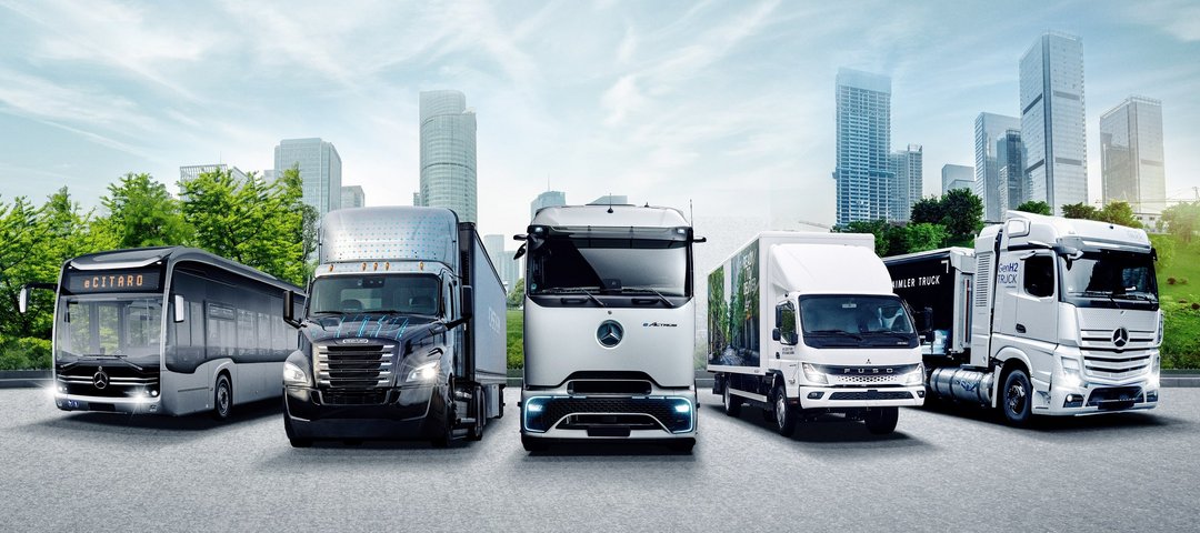 Daimler Truck Family Shot with battery-electric trucks and buses