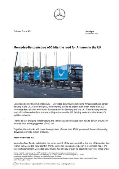 Mercedes-Benz eActros 600 hits the road for Amazon in the UK