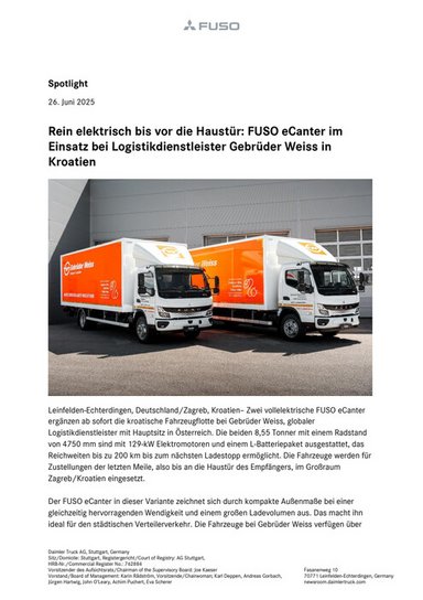 Rein elektrisch bis vor die Haustür: FUSO eCanter im Einsatz bei Logistikdienstleister Gebrüder Weiss in Kroatien