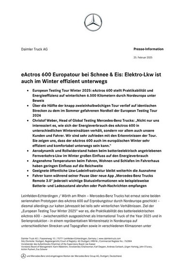 eActros 600 Europatour bei Schnee & Eis: Elektro-Lkw ist auch im Winter effizient unterwegs