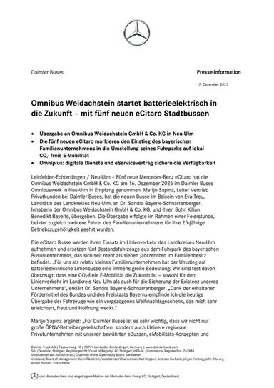 Omnibus Weidachstein startet batterieelektrisch in die Zukunft – mit fünf neuen eCitaro Stadtbussen