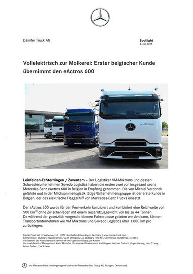Vollelektrisch zur Molkerei: Erster belgischer Kunde übernimmt den eActros 600