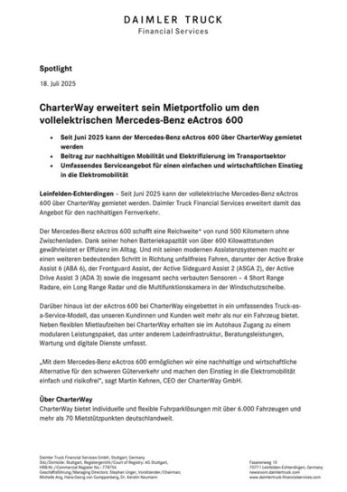 CharterWay erweitert sein Mietportfolio um den vollelektrischen Mercedes-Benz eActros 600