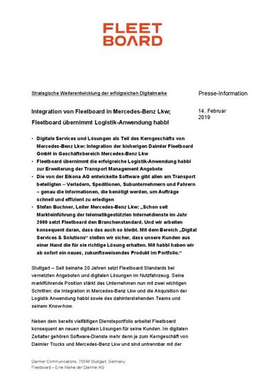 Strategische Weiterentwicklung der erfolgreichen Digitalmarke: Integration von Fleetboard in Mercedes-Benz Lkw; Fleetboard übernimmt Logistik-Anwendung habbl
