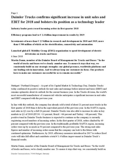 Daimler Trucks confirms significant increase in unit sales and EBIT for 2018 and bolsters its position as a technology leader