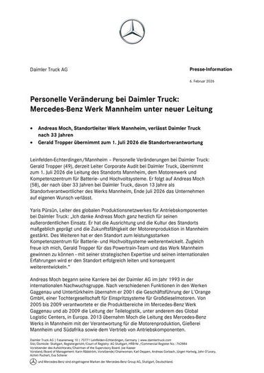 Personelle Veränderung bei Daimler Truck:  Mercedes-Benz Werk Mannheim unter neuer Leitung
