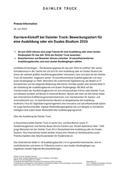 Karriere-Kickoff bei Daimler Truck: Bewerbungsstart für eine Ausbildung oder ein Duales Studium 2026
