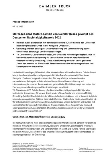 Mercedes-Benz eCitaro-Familie von Daimler Buses gewinnt den Deutschen Nachhaltigkeitspreis 2026