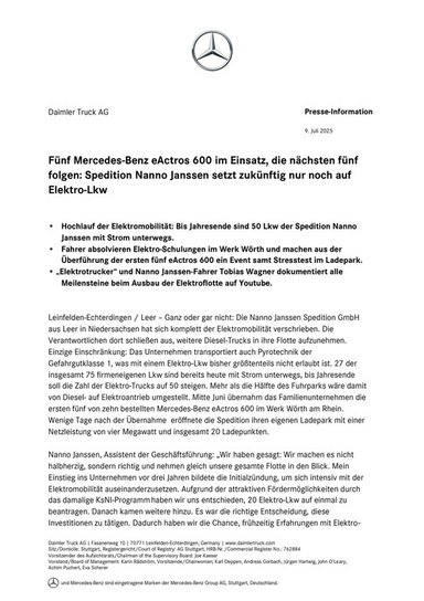 Fünf Mercedes-Benz eActros 600 im Einsatz, die nächsten fünf folgen: Spedition Nanno Janssen setzt zukünftig nur noch auf Elektro-Lkw