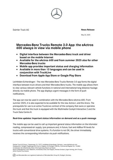 Mercedes-Benz Trucks Remote 3.0 App: the eActros 600 always in view via mobile phone
