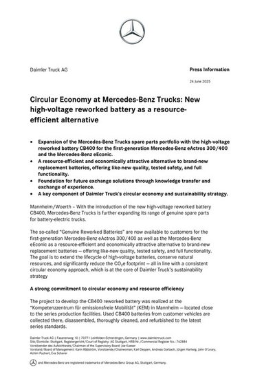 Circular Economy at Mercedes-Benz Trucks: New high-voltage reworked battery as a resource-efficient alternative