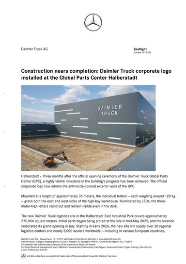 Construction nears completion: Daimler Truck corporate logo installed at the Global Parts Center Halberstadt