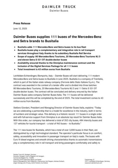Daimler Buses supplies 111 buses of the Mercedes-Benz and Setra brands to Busitalia