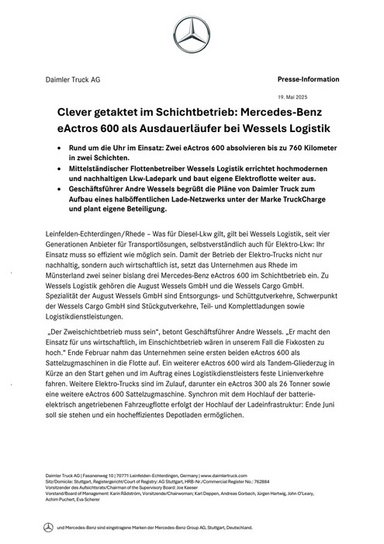Clever getaktet im Schichtbetrieb: Mercedes-Benz eActros 600 als Ausdauerläufer bei Wessels Logistik