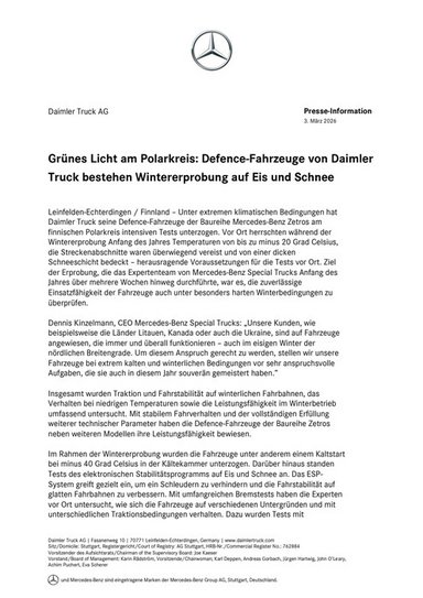Grünes Licht am Polarkreis: Defence-Fahrzeuge von Daimler Truck bestehen Wintererprobung auf Eis und Schnee