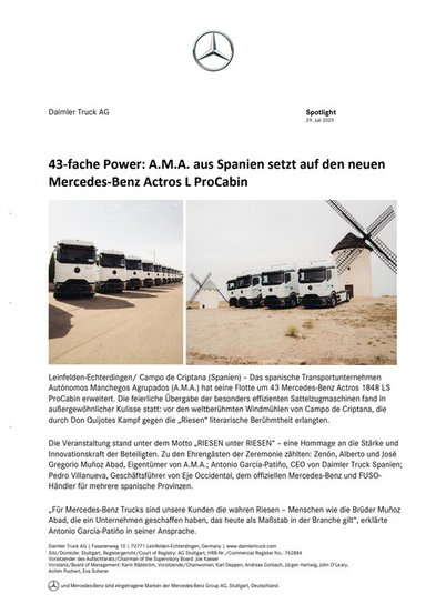 43-fache Power: A.M.A. aus Spanien setzt auf den neuen Mercedes-Benz Actros L ProCabin