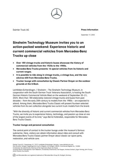 Sinsheim Technology Museum invites you to an action-packed weekend: Experience historic and current commercial vehicles from Mercedes-Benz Trucks up close