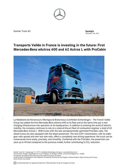 Transports Vallée in France is investing in the future: First Mercedes-Benz eActros 600 and 62 Actros L with ProCabin