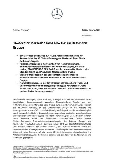 15.000ster Mercedes-Benz Lkw für die Rethmann Gruppe
