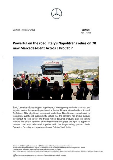 Powerful on the road: Italy's Napolitrans relies on 70 new Mercedes-Benz Actros L ProCabin