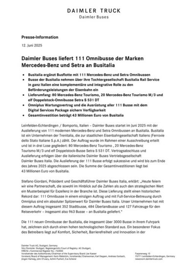 Daimler Buses liefert 111 Omnibusse der Marken Mercedes-Benz und Setra an Busitalia