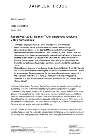 Record year 2023: Daimler Truck employees receive a 7,000 euros bonus