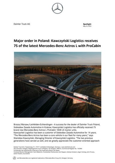 Major order in Poland: Kawczyński Logistics receives 75 of the latest Mercedes-Benz Actros L with ProCabin