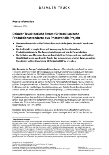 Daimler Truck bezieht Strom für brasilianische Produktionsstandorte aus Photovoltaik-Projekt