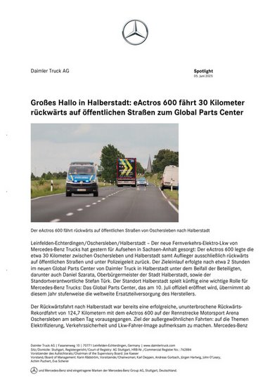 Großes Hallo in Halberstadt: eActros 600 fährt 30 Kilometer rückwärts auf öffentlichen Straßen zum Global Parts Center