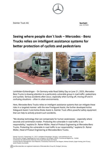 Seeing where people don´t look – Mercedes - Benz Trucks relies on intelligent assistance systems for better protection of cyclists and pedestrians
