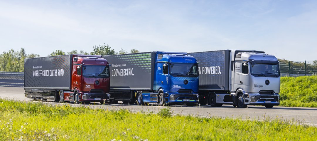 Mercedes-Benz Actros L, eActros 600 and Next GenH2 Truck driving on the road