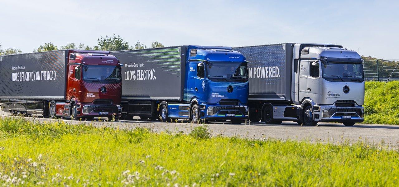 Mercedes-Benz Actros L, eActros 600 and Next GenH2 Truck driving on the road