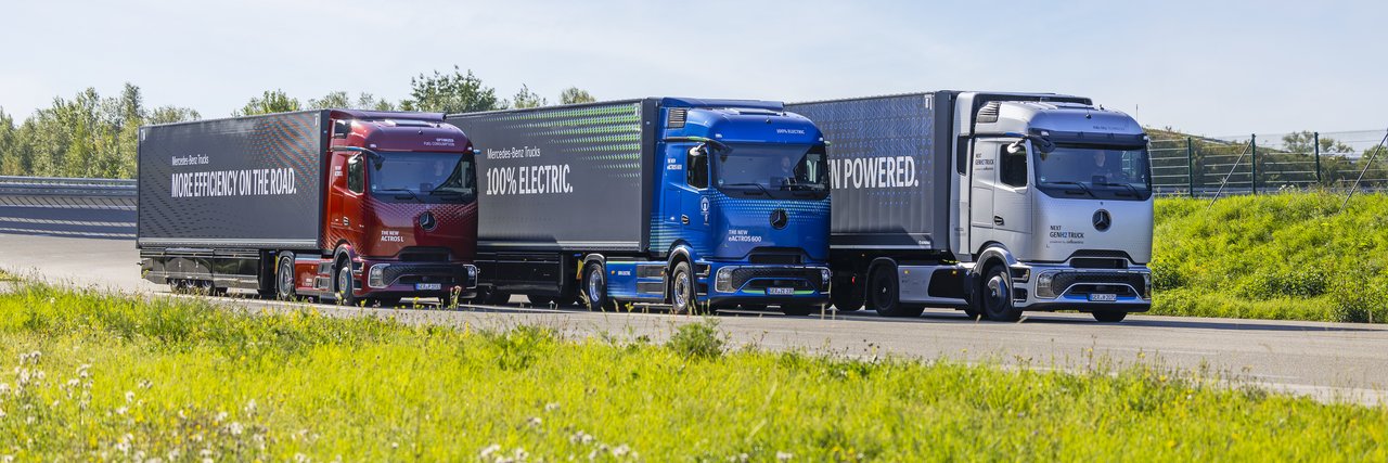 Mercedes-Benz Actros L, eActros 600 und Next GenH2 Truck fahren auf der Straße
