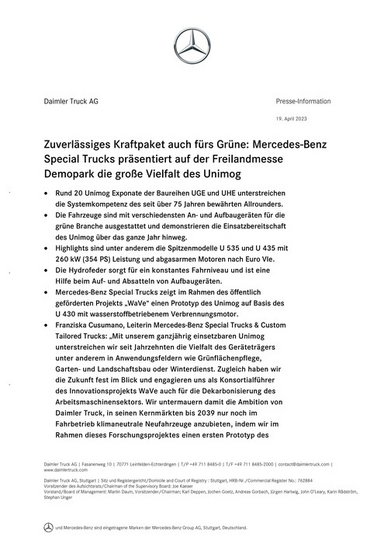 Zuverlässiges Kraftpaket auch fürs Grüne: Mercedes-Benz Special Trucks präsentiert auf der Freilandmesse Demopark die große Vielfalt des Unimog