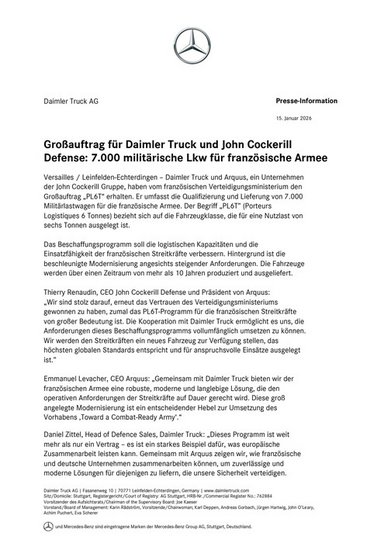 Großauftrag für Daimler Truck und John Cockerill Defense: 7.000 militärische Lkw für französische Armee