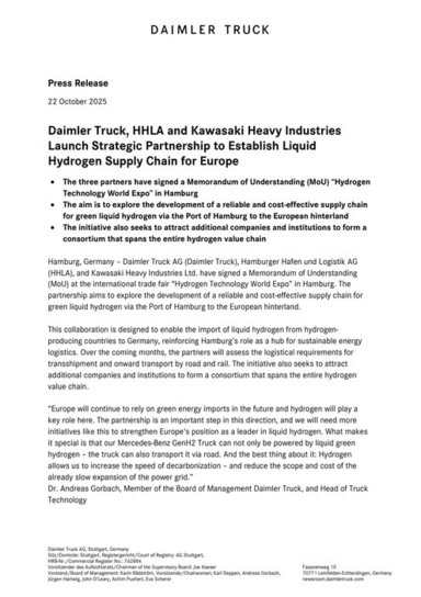 Daimler Truck, HHLA and Kawasaki Heavy Industries Launch Strategic Partnership to Establish Liquid Hydrogen Supply Chain for Europe
