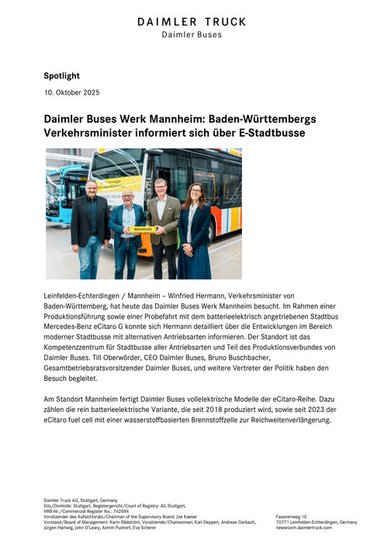 Daimler Buses Werk Mannheim: Baden-Württembergs Verkehrsminister informiert sich über E-Stadtbusse