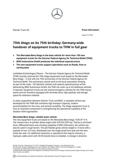 75th Atego on its 75th birthday: Germany-wide handover of equipment trucks to THW in full gear