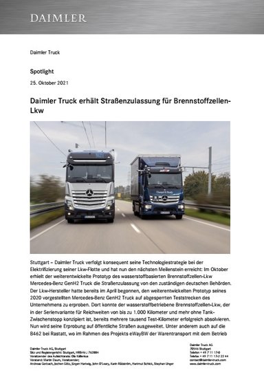 Daimler Truck erhält Straßenzulassung für Brennstoffzellen-Lkw