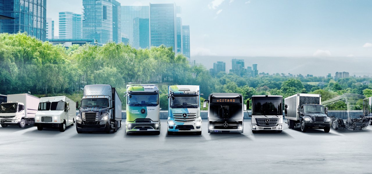 Daimler Truck Family Shot mit batterie-elektrischen Lkws und Bussen