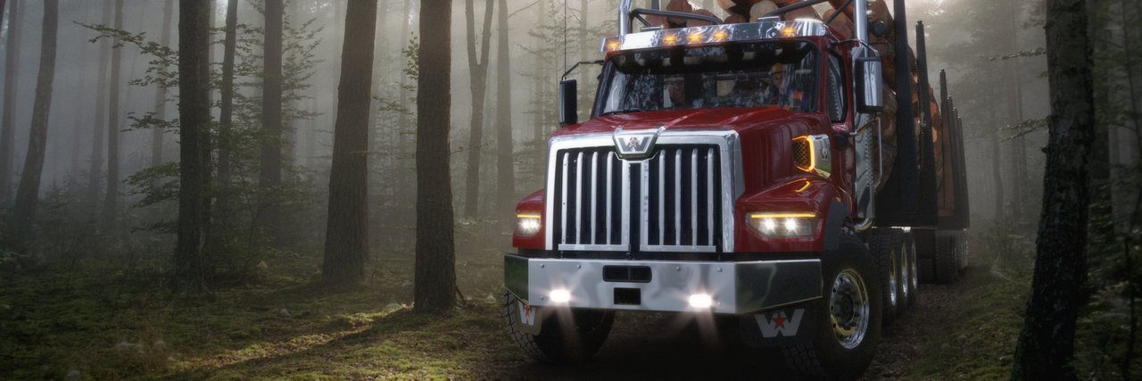 Red 49X logging truck in the forest