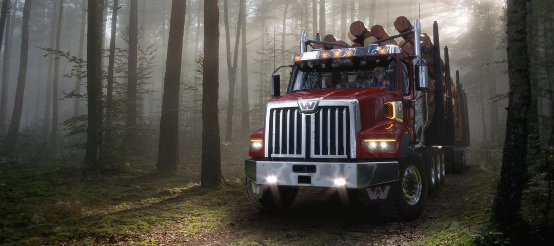 Red 49X logging truck in the forest