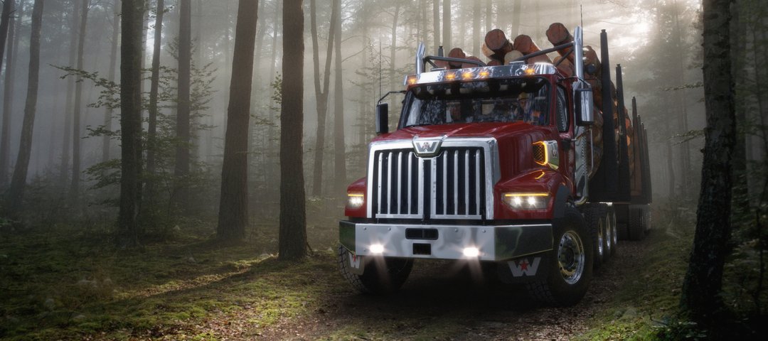 Roter Western Star W49X Holztransporter im Wald