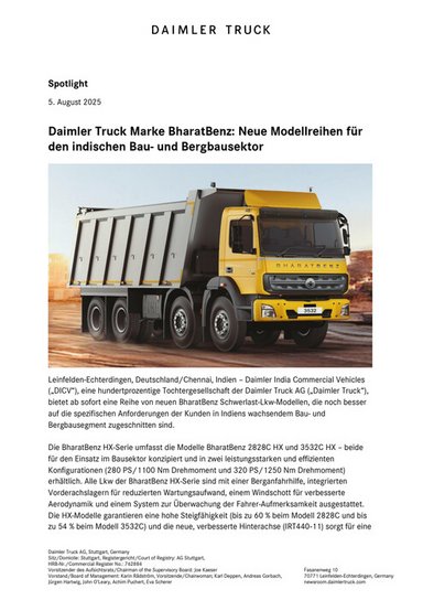 Daimler Truck Marke BharatBenz: Neue Modellreihen für den indischen Bau- und Bergbausektor